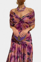 Women's floral midi dress with V-neckline and pleated waist, elegant long flowing skirt
