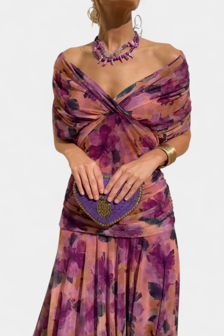 Women's floral midi dress with V-neckline and pleated waist, elegant long flowing skirt