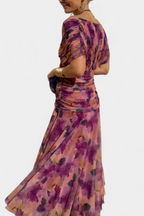 Women's floral midi dress with V-neckline and pleated waist, elegant long flowing skirt