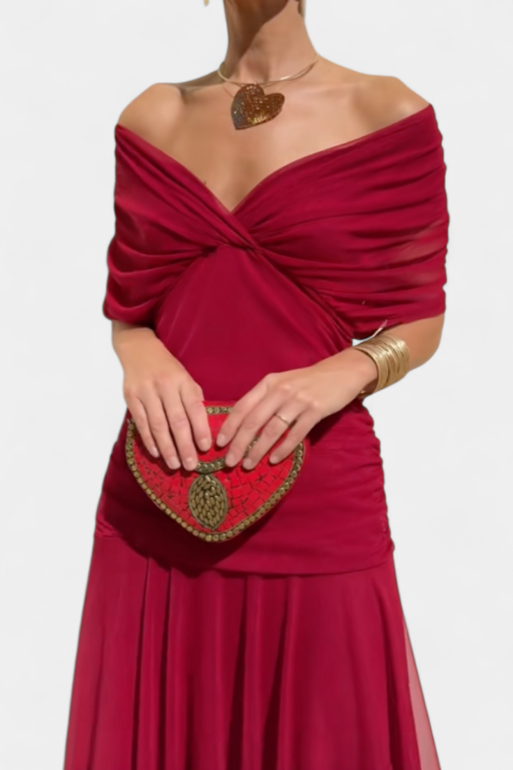Women's floral midi dress with V-neckline and pleated waist, elegant long flowing skirt
