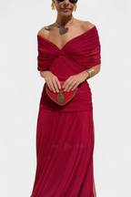 Women's floral midi dress with V-neckline and pleated waist, elegant long flowing skirt