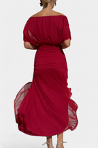 Women's floral midi dress with V-neckline and pleated waist, elegant long flowing skirt