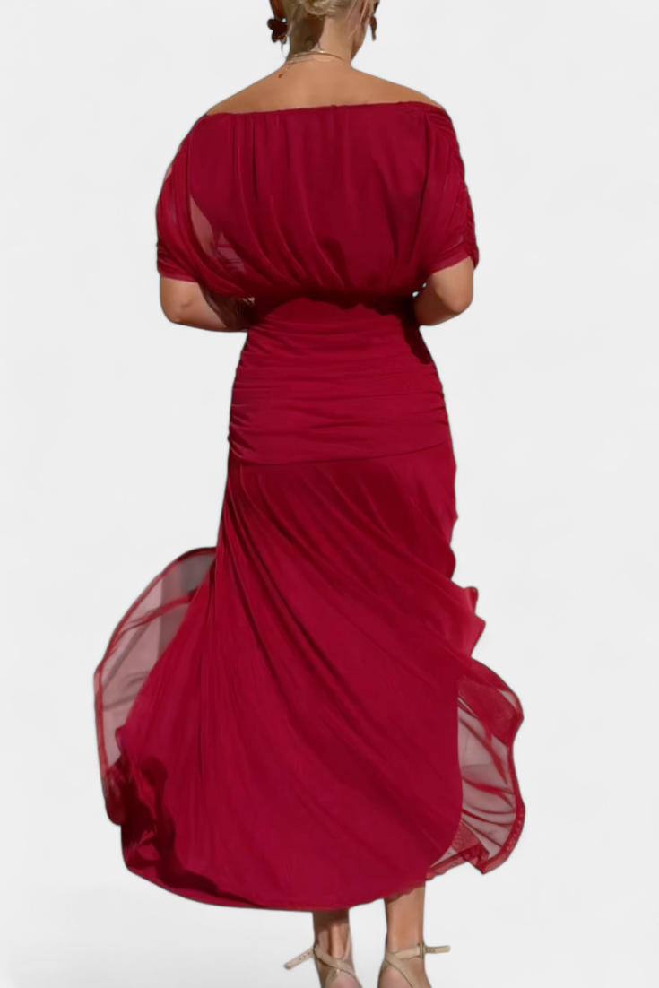 Women's floral midi dress with V-neckline and pleated waist, elegant long flowing skirt
