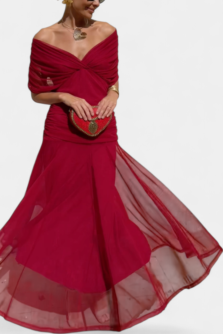Women's floral midi dress with V-neckline and pleated waist, elegant long flowing skirt