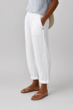 Women cotton blend straight leg trousers relaxed fit elastic waist