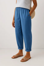 Women cotton blend straight leg trousers relaxed fit elastic waist