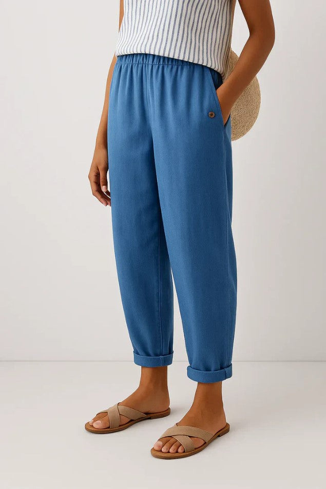 Women cotton blend straight leg trousers relaxed fit elastic waist