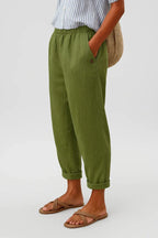 Women cotton blend straight leg trousers relaxed fit elastic waist