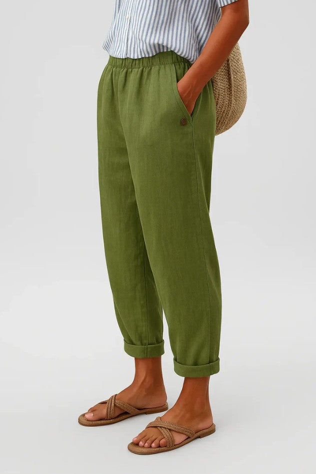 Women cotton blend straight leg trousers relaxed fit elastic waist