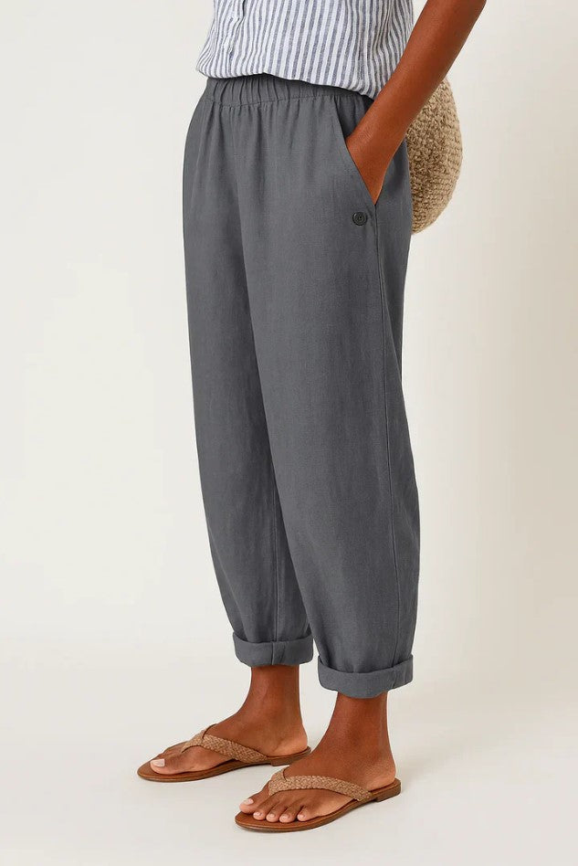 Women cotton blend straight leg trousers relaxed fit elastic waist