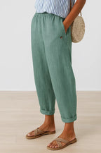Women cotton blend straight leg trousers relaxed fit elastic waist