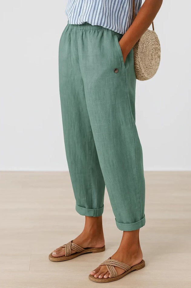 Women cotton blend straight leg trousers relaxed fit elastic waist