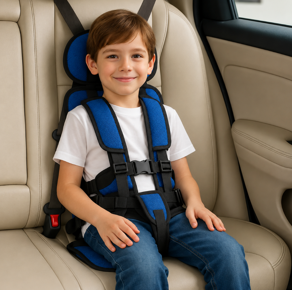 Portable child car seat with 5-point harness, foldable and lightweight for travel