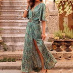 Women bohemian maxi dress flowing long silhouette in black and green
