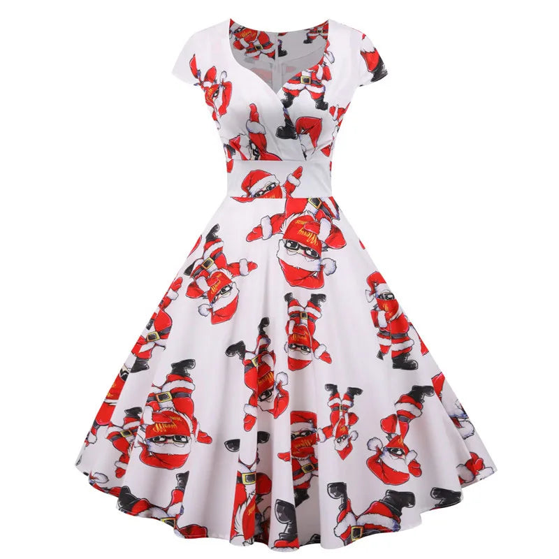 Christmas Party Dress Women Short Sleeve Vintage V Neck Swing
