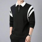 Men cotton blend long sleeve polo shirt with zipper collar and color-block design