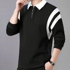 Men cotton blend long sleeve polo shirt with zipper collar and color-block design