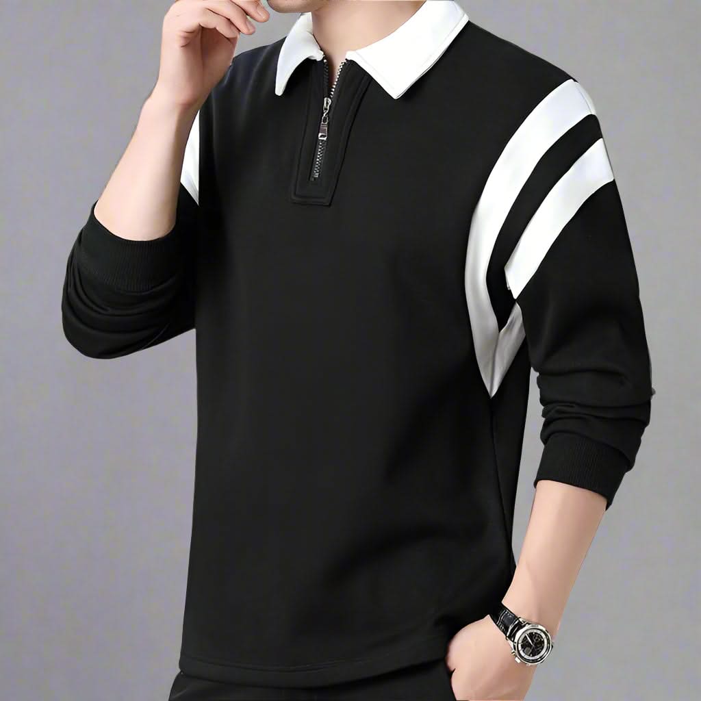 Men cotton blend long sleeve polo shirt with zipper collar and color-block design
