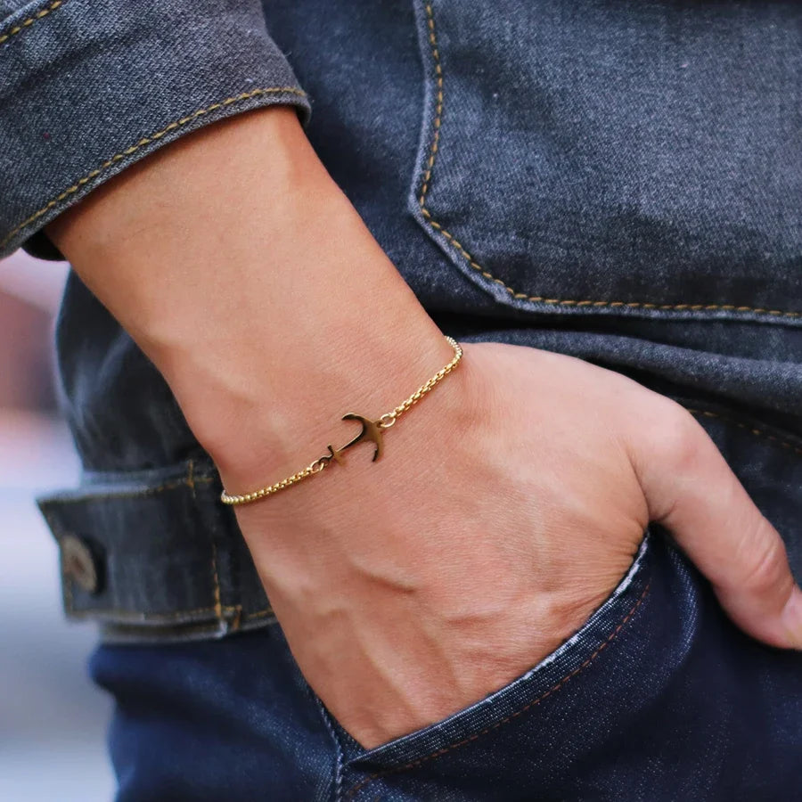 Stainless steel anchor chain link bracelet with sliding adjustable closure in gold and silver