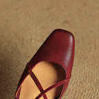 Women leather block heel pumps closed toe with adjustable buckle strap