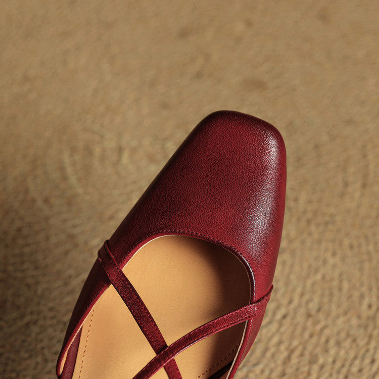Women leather block heel pumps closed toe with adjustable buckle strap