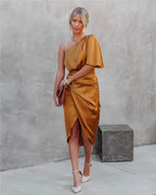 Women asymmetrical off shoulder dress sleeveless midi length