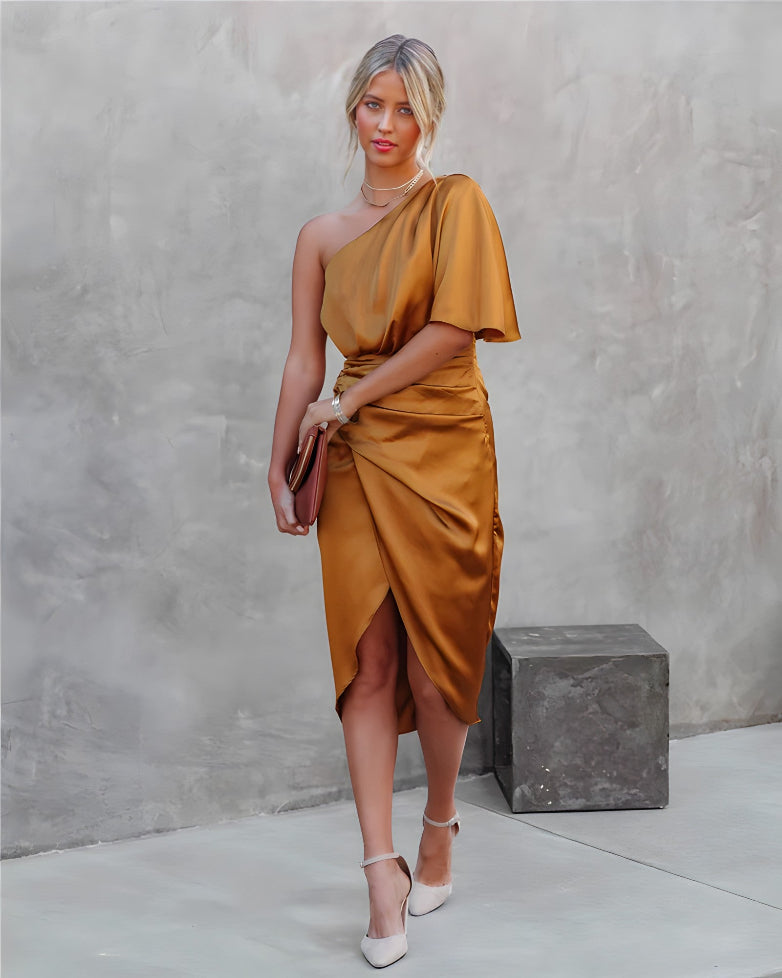 Women asymmetrical off shoulder dress sleeveless midi length