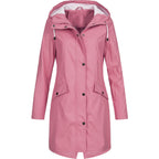 Women hooded long rain jacket A-line silhouette below knee length