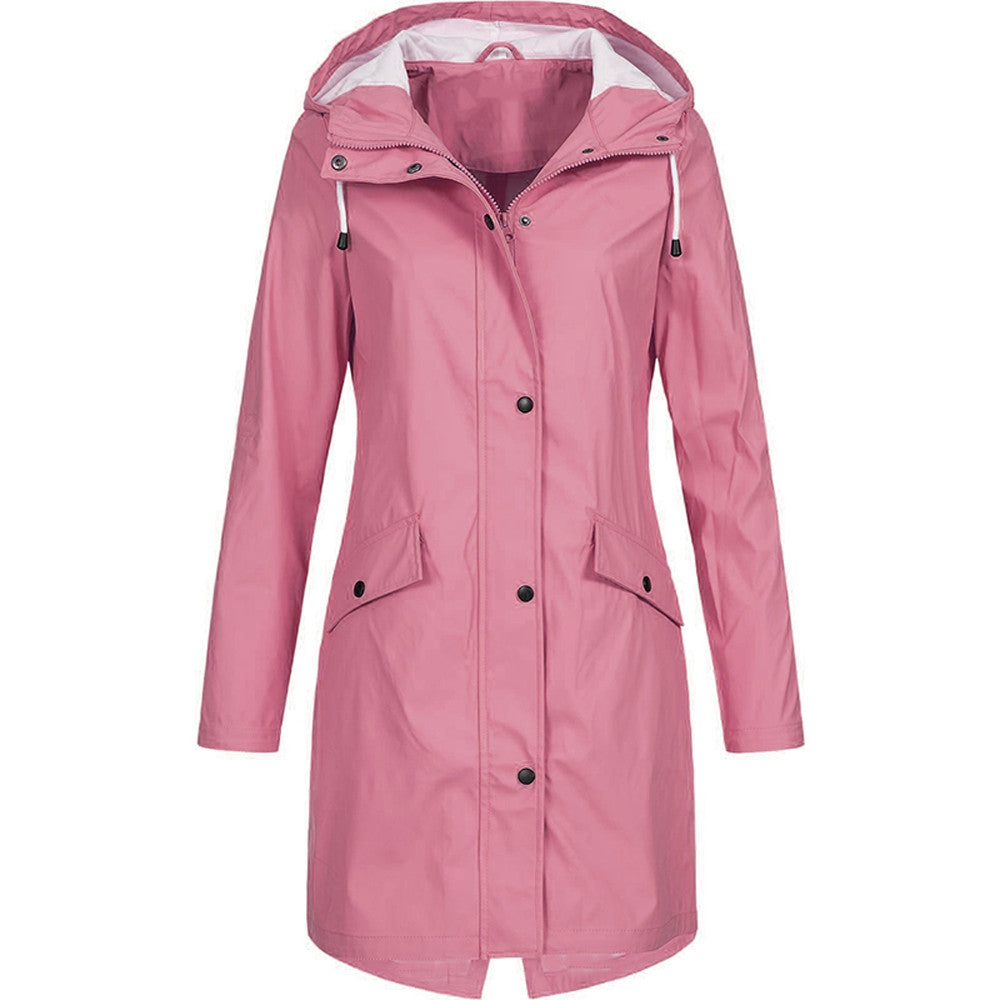 Women hooded long rain jacket A-line silhouette below knee length