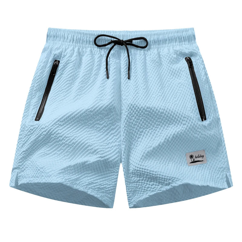 Men Swim Shorts Seersucker Quick Dry Mesh Lined Zipper Pockets