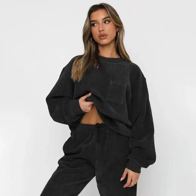 Women corduroy 2 piece lounge set relaxed fit sweatshirt and cuffed joggers