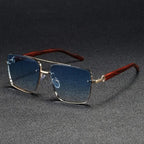 Metal frame square sunglasses gradient lenses UV protection vintage wooden arms