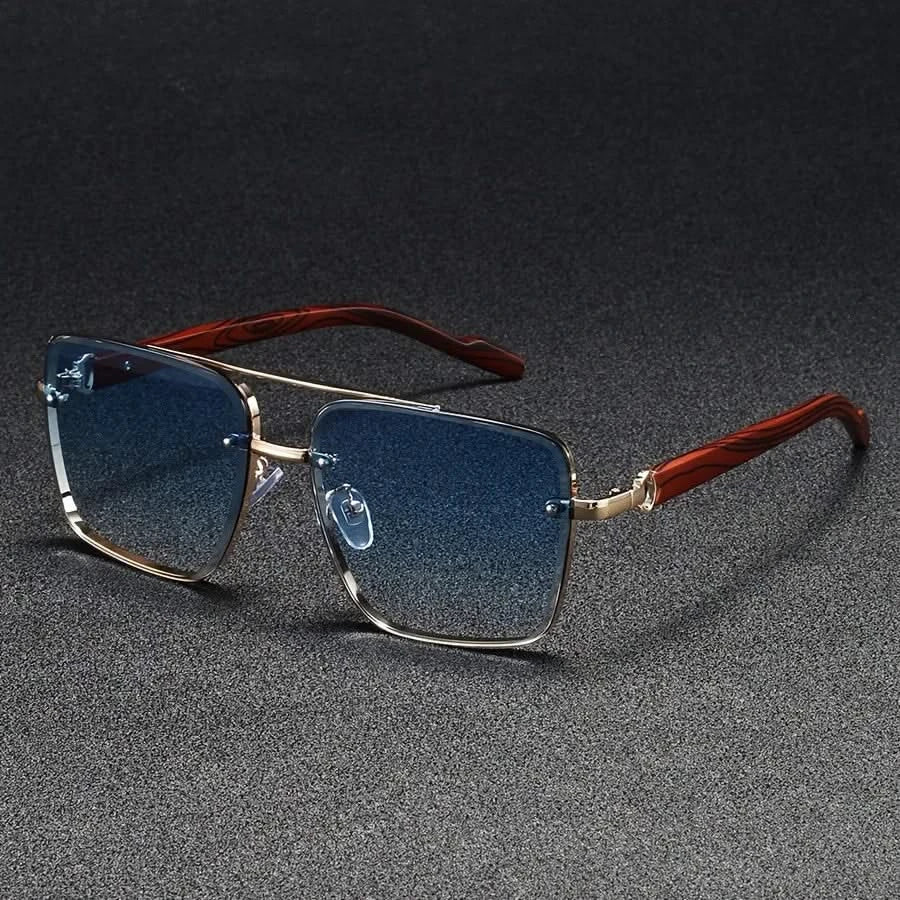 Metal frame square sunglasses gradient lenses UV protection vintage wooden arms