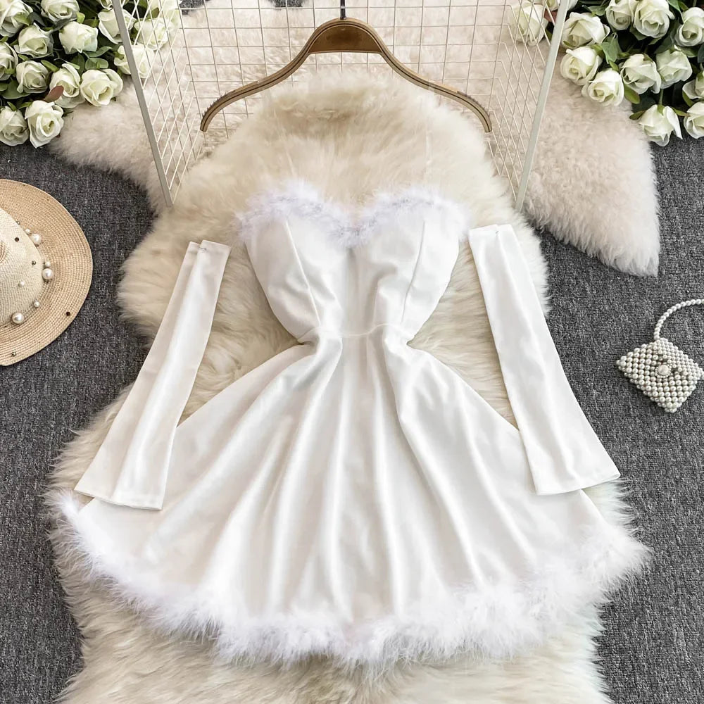 Christmas Party Dress Women Sexy Low Cut Feather Trim Sleeveless Mini