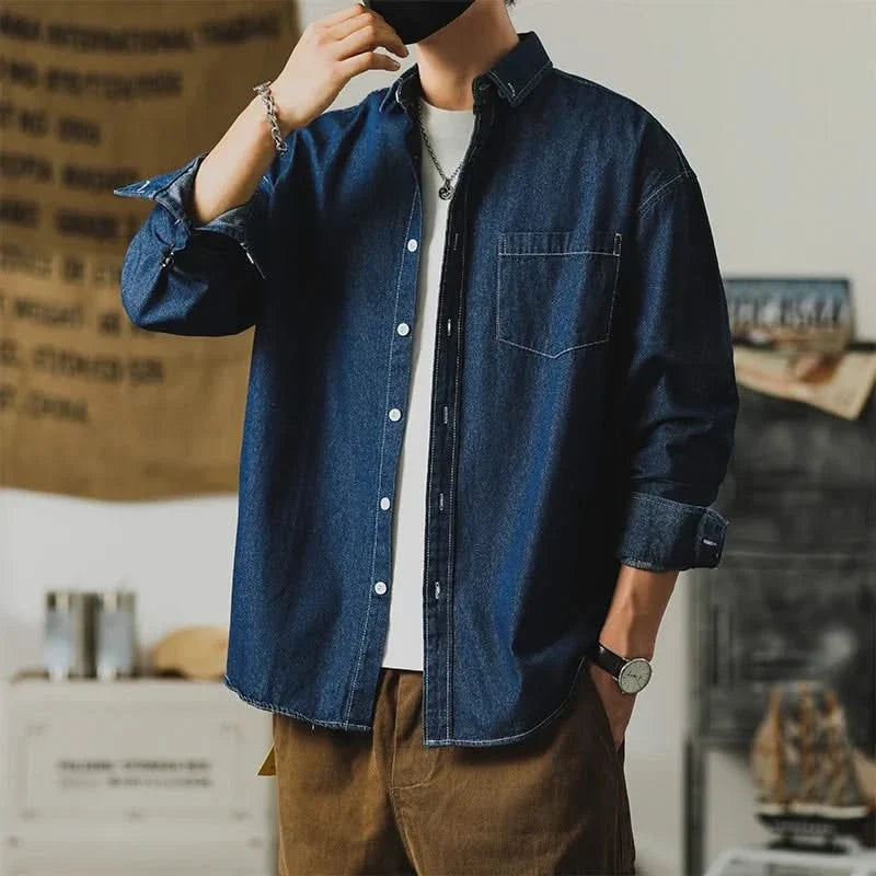 Denim button-up shirt relaxed fit with distressed finish in light blue
