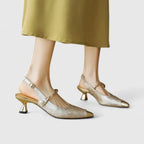 Women block heel pumps jacquard floral texture pearl strap gold-tone accents