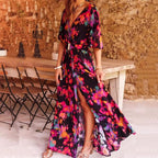 Women bohemian maxi dress flowing long silhouette in black and green