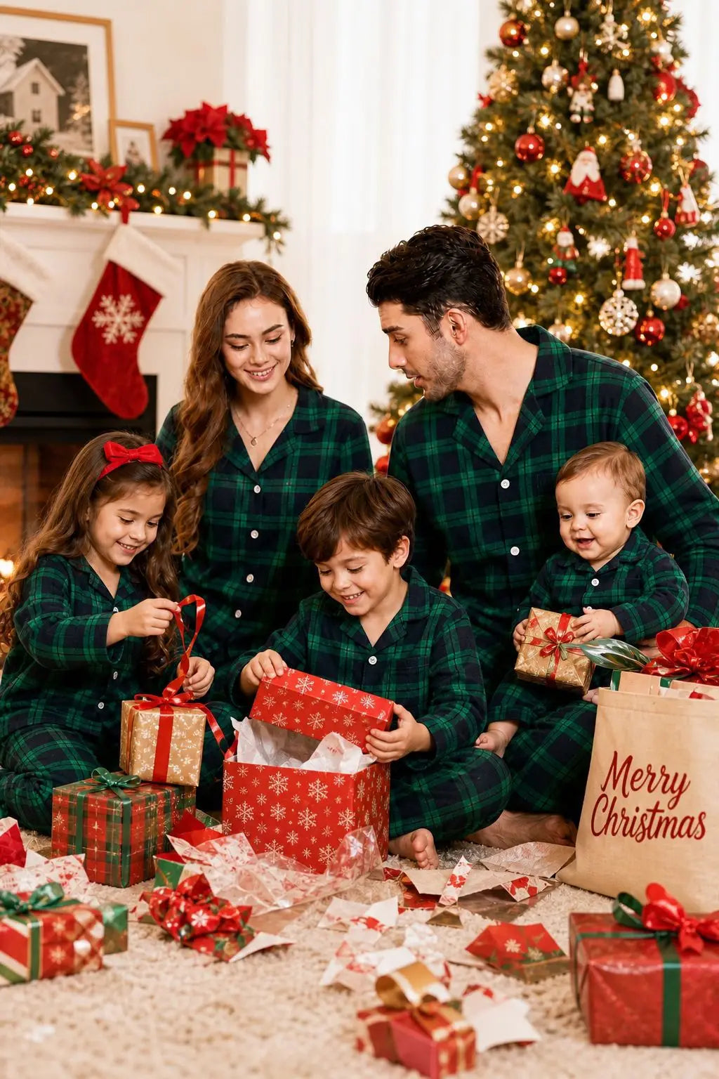 Christmas Pajamas Women Cotton Plaid 2 Piece Matching Family Set