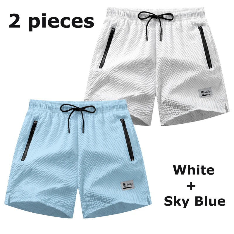 Men Swim Shorts Seersucker Quick Dry Mesh Lined Zipper Pockets