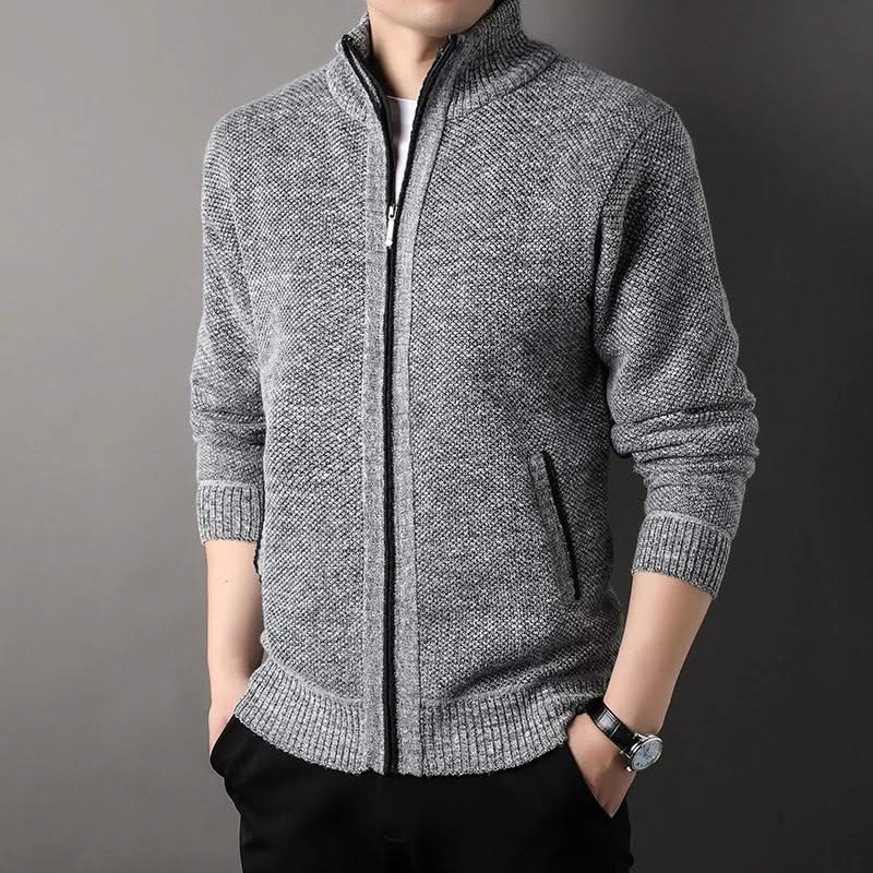 Knit full zip jacket with stand-up collar and side pockets