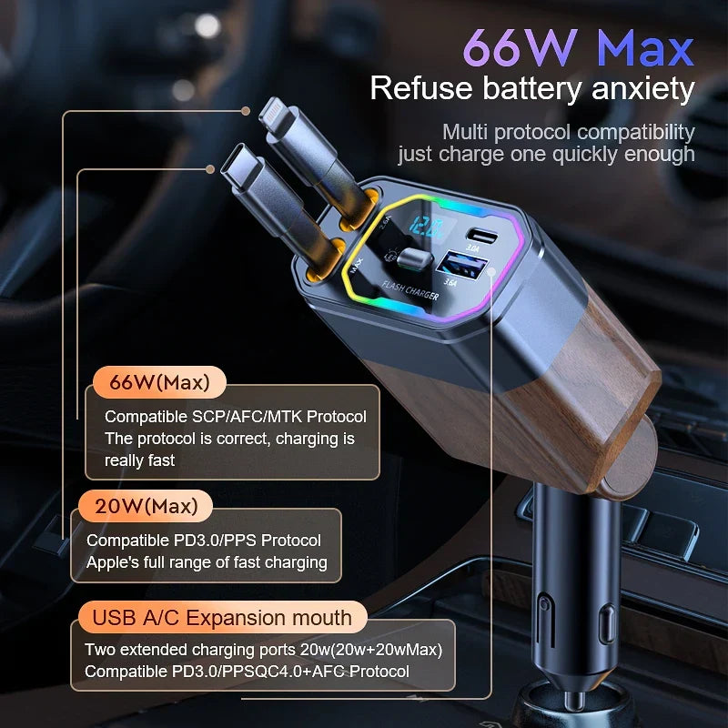 120W 4-in-1 retractable car charger with USB-C and cigarette lighter adapter