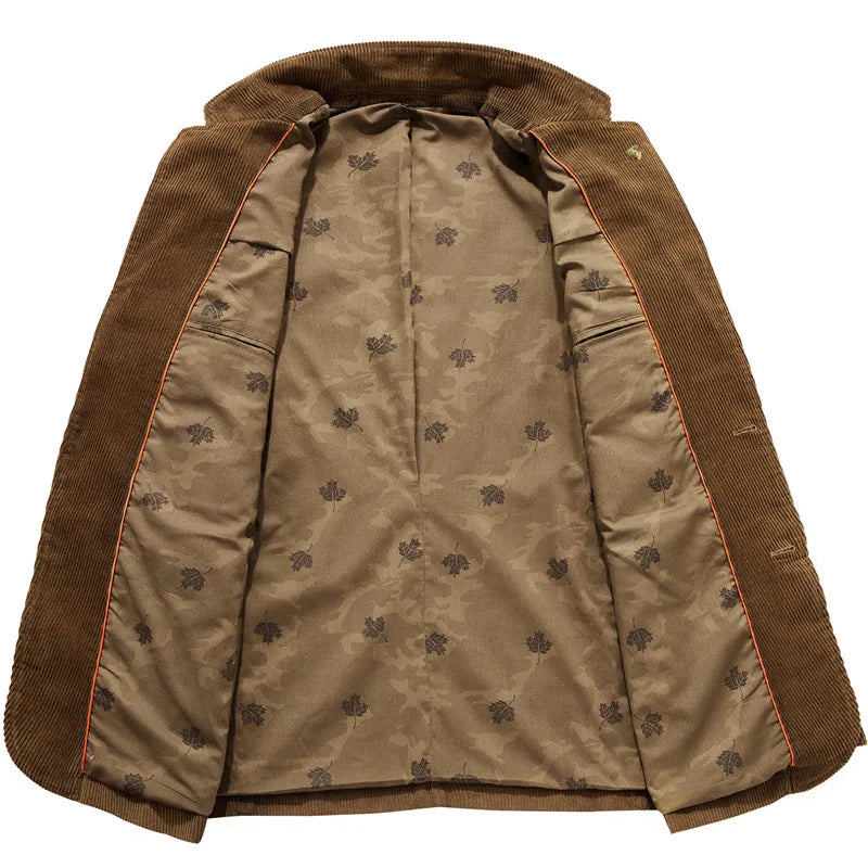 Men's corduroy blazer in brown, smart casual tailored fit for autumn winter