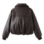 Women faux leather oversized bomber jacket with ribbed cuffs and soft lining