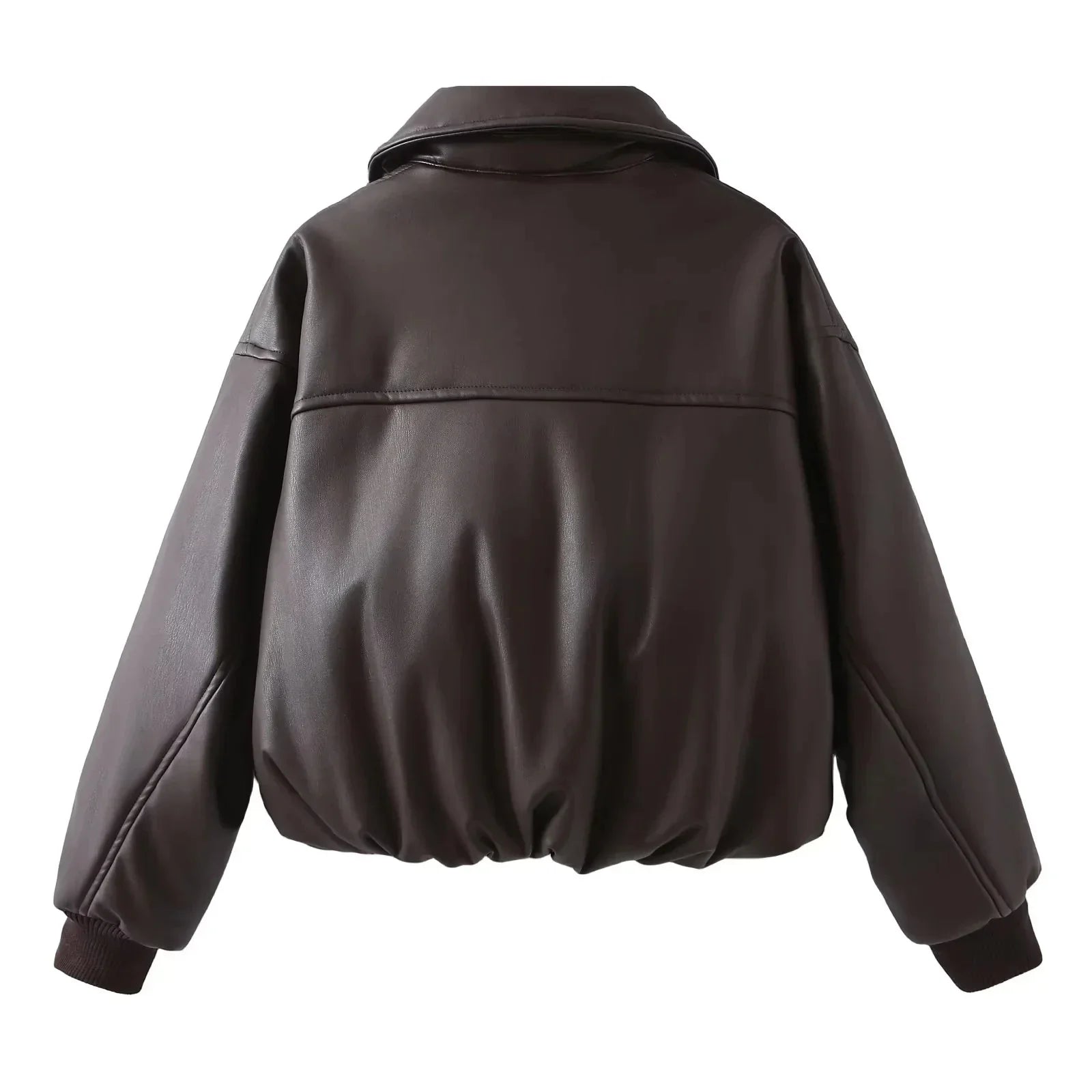 Women faux leather oversized bomber jacket with ribbed cuffs and soft lining