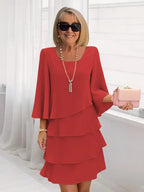 Women A-Line Ruffle Midi Dress with layered ruffles and split sleeves