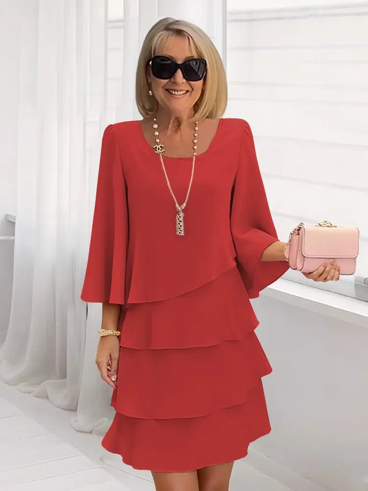 Women A-Line Ruffle Midi Dress with layered ruffles and split sleeves