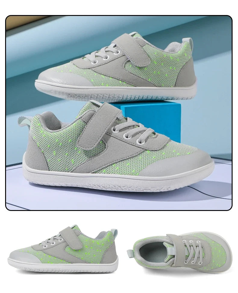 Kids barefoot sneakers with wide toe box and lightweight flexible rubber sole