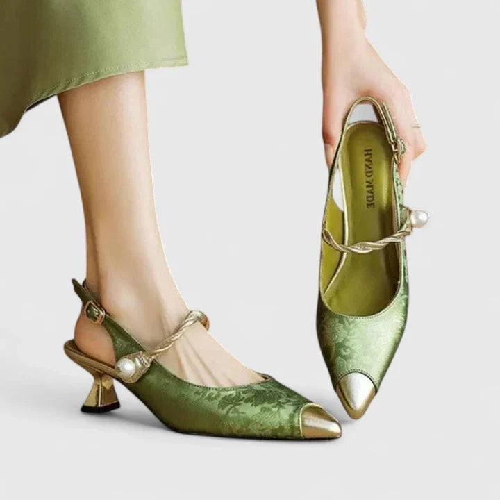 Women block heel pumps jacquard floral texture pearl strap gold-tone accents