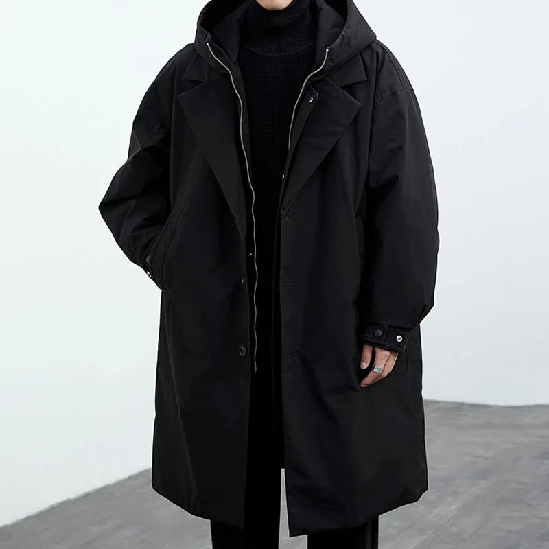 Lightweight water wind resistant long overcoat full zip with hood