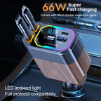 120W 4-in-1 retractable car charger with USB-C and cigarette lighter adapter